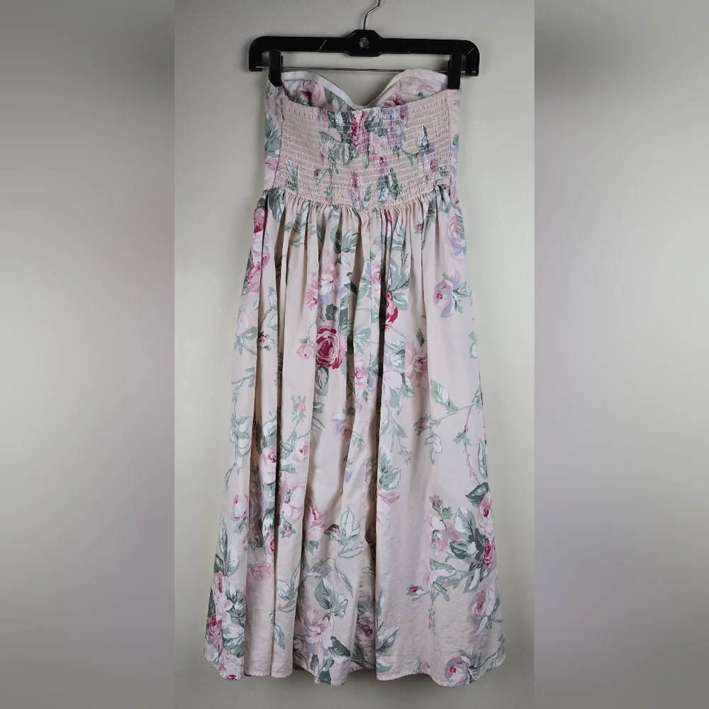 Vintage Urban Outfitters Strapless Floral Midi Dress - Pink and White Size S - Picture 4 of 7